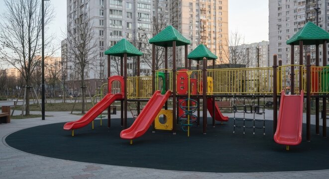 Colorful playground equipment sits in front of apartment buildings, early morning