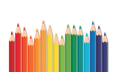 A vibrant line of colored pencils, arranged in a rainbow gradient with varying heights, casting subtle shadows on a white background.