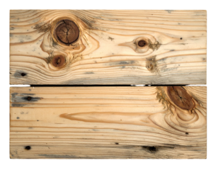 Close-up of two natural, knotted wooden planks, showing grain patterns