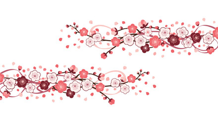 Elegant illustration of pink and maroon cherry blossoms on branches with scattered petals and swirling lines, conveying a beautiful spring motif.