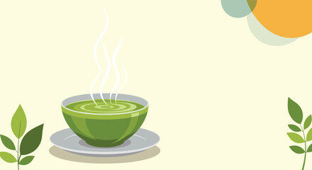Warm green tea or soup in a steaming bowl with a saucer, accented by fresh leaves and abstract natural shapes on a soft yellow background.