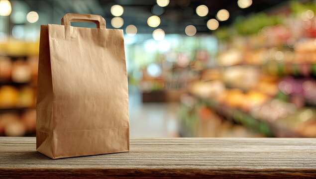 Brown paper bag on a wooden surface with grocery store background