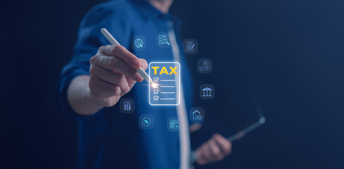 A businessman using a digital pen to write on a virtual TAX checklist surrounded by finance icons, representing online tax filing, accounting analysis, and financial planning in modern business.