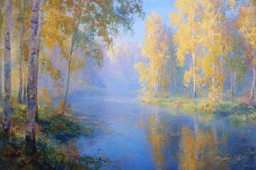 Painting forest sunlight. Bright sun rays in forest shining through trees sunny illustration.