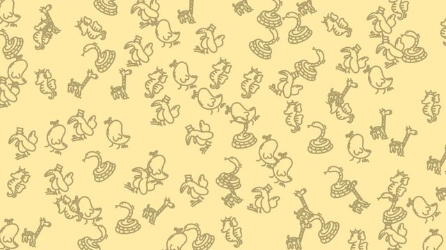 Repeating pattern of birds, giraffes, and trees on yellow background. Perfect for textiles, stationery, or kids products design projects.