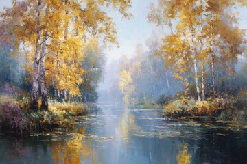 Painting forest sunlight. Bright sun rays in forest shining through trees sunny illustration.