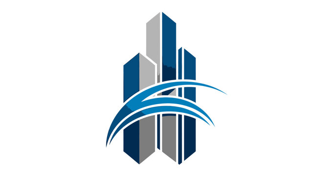 Modern corporate logo design featuring stylized skyscrapers and a dynamic blue swoosh.