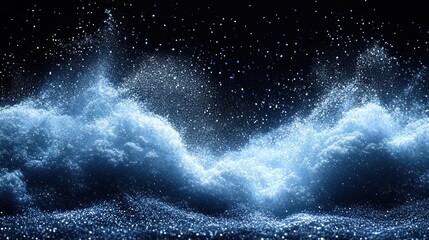 Waves erupt with powerful energy, sending sparkling droplets into the air at night