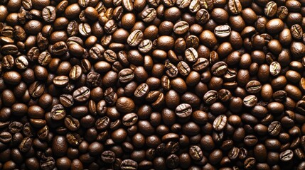 Glimmering coffee beans form an inviting backdrop, celebrating a beloved beverage