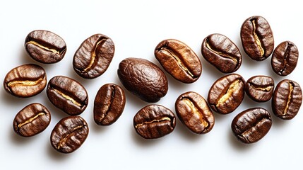 Freshly roasted coffee beans rest on a bright surface, enticing with aroma and flavor