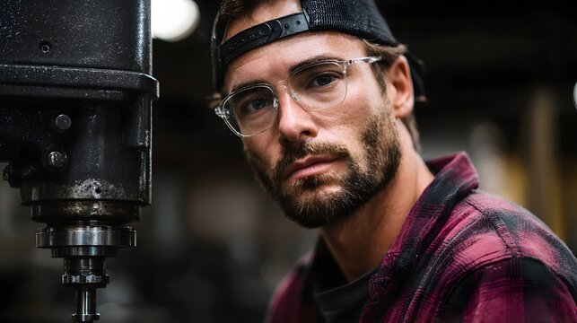 A man wearing glasses and a cap stands in a workshop next to industrial hinery