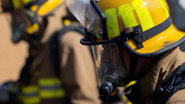 Group of firefighters dressed in protective clothing and equipment