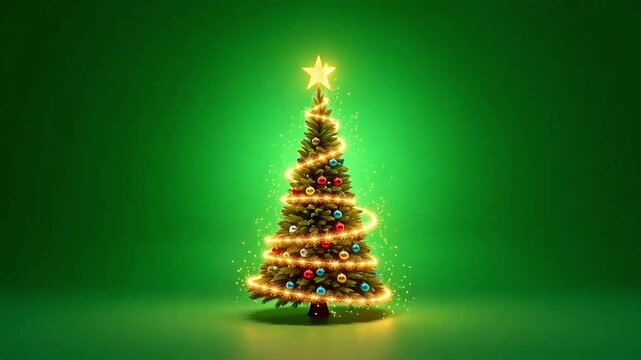A beautifully decorated Christmas tree with glowing string lights and a shining star on a vibrant green screen background.