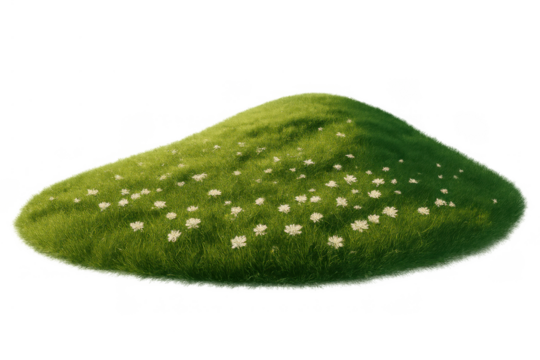 Green grassy hill with white flowers, isolated natural landscape element, spring meadow, transparent background