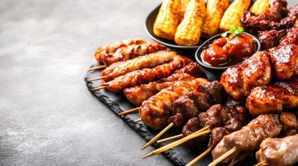 Grilled Skewers and Corn with Barbecue Sauce on Rustic Serving Board