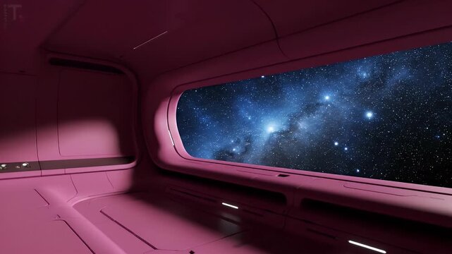 Futuristic Pink Interior of Spaceship with View of Blue Starry Galaxy Through Large Window Panel Modern Design