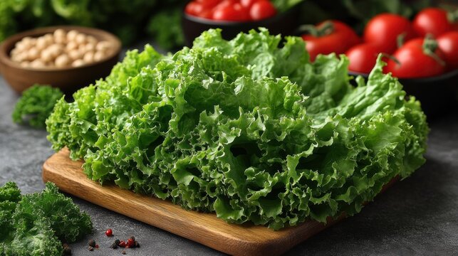 Crisp, vibrant lettuce sits on a wooden board with fresh tomatoes and chickpeas nearby