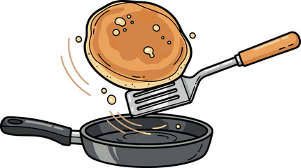 Flipping a golden pancake with a spatula into a frying pan.