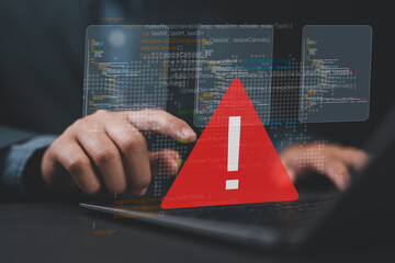 Programmer and virtual icons, exclamation mark, alarm, computer virus detected, danger warning...