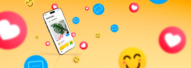 Social Media ads on mobile phone screen showing advertising example in a social network. Many emojis around it. Banner format image with yellow background.