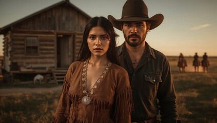 A couple in western attire poses outside a wooden cabin during sunset. The sunset casts warm colors in the sky, creating a romantic atmosphere