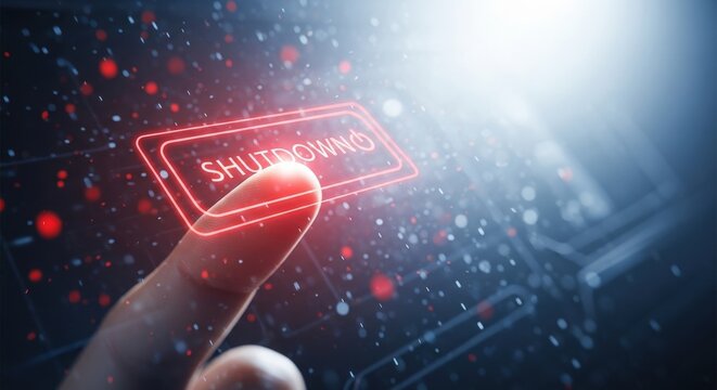 Finger pressing a glowing red shutdown button on a dark, futuristic interface