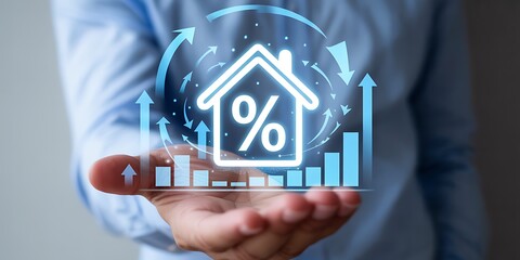 Hand holding holographic house with percentage sign and circular arrows home mortgage Futuristic Technology Background Design