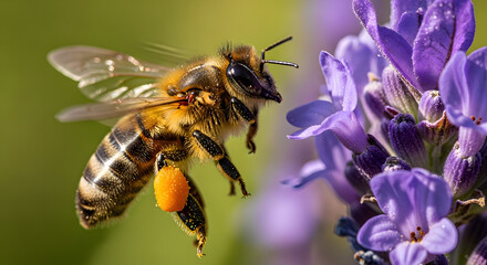 Honey bee collecting pollen from lavender flower in a natural environment
