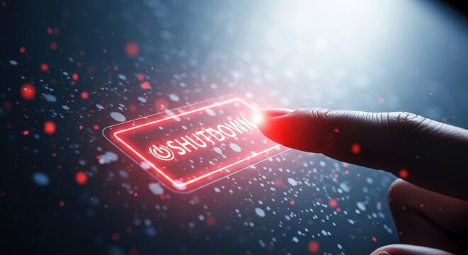 Closeup of a finger activating a red shutdown button on a digital interface