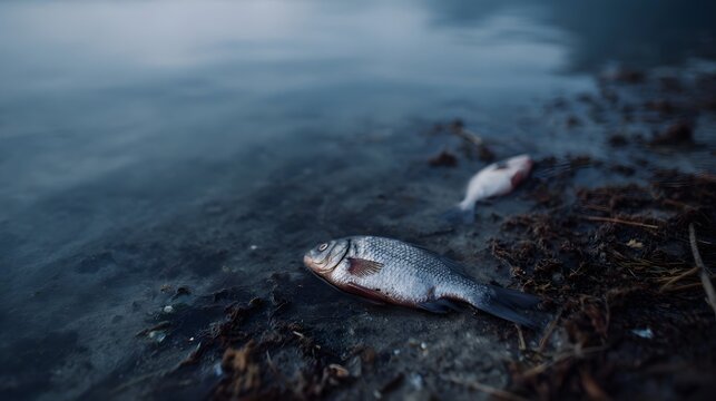 Dead fish on the shore of a polluted lake symbolizing environmental distress and decay