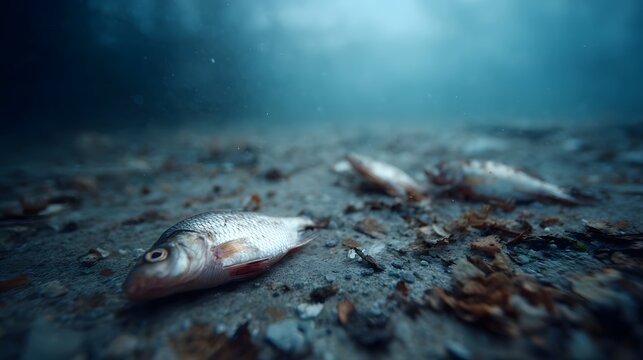 Underwater scene of dead fish resting on a sandy seabed with murky blue water above