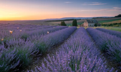 Obraz premium Lavender fields at sunrise. A vast expanse of vibrant purple lavender fields stretches towards a softly lit sunrise even lines