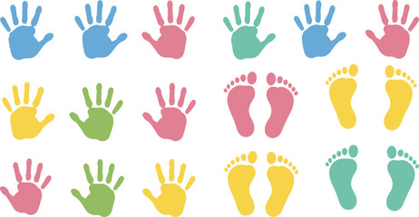 Colorful handprint and footprint design collection isolated on white background 