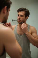 A man with a well-defined physique is carefully grooming his beard while looking into a bathroom mirror. Soft morning light fills the space, reflecting his focus