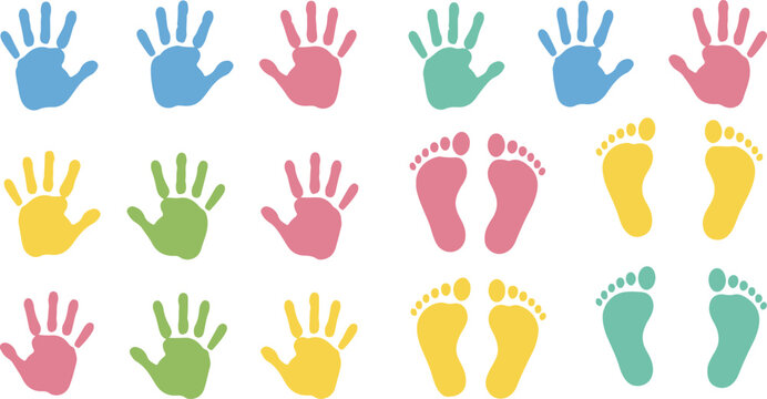 Colorful handprint and footprint design collection isolated on white background 