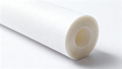 Rolled white membrane cartridge on plain background, water purification membrane