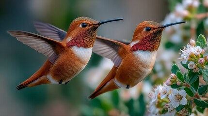 Fototapeta premium hummingbirds ,flying near white flowers