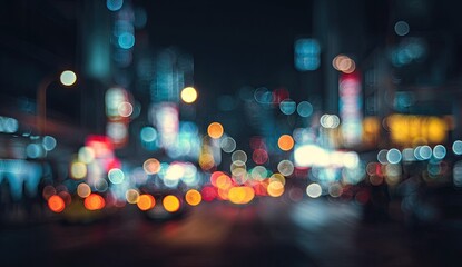 Blurry city street at night with bokeh lights