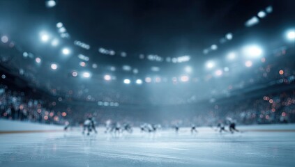 Blurred stadium lights illuminate a hockey game on ice