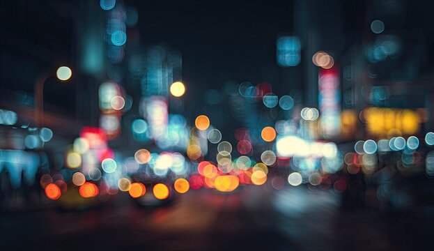 Blurry city street at night with bokeh lights