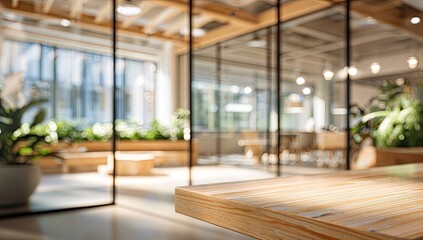 Bright modern office with plants, glass walls, and wood accents