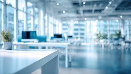 Bright, modern office space with desks, computers, and large windows