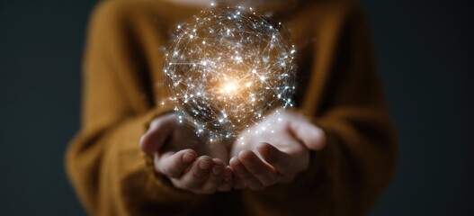 Hands hold glowing interconnected network sphere