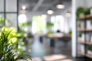 Soft focus view of a modern office interior with lush greenery