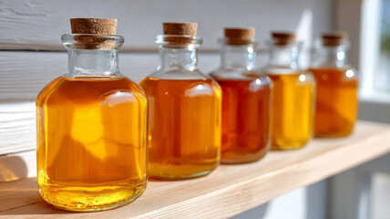 Glass bottles with corks filled with amber liquid on shelf.