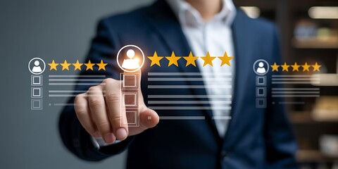Person in suit selects user profile with five star rating on digital interface business Futuristic Technology Background Design