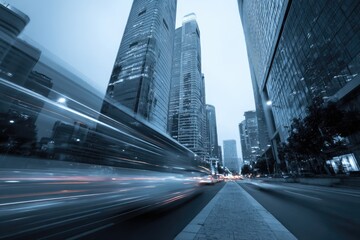 Motion blur captures city lights and towering modern buildings