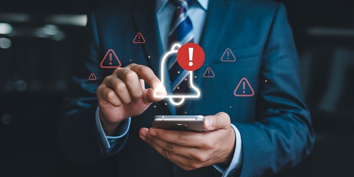 Person in suit touching smartphone displaying alert notification bell and warning icons Futuristic Technology Background Design