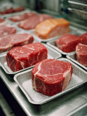 Fototapeta premium Raw steaks on trays in a kitchen setting, ready to cook.