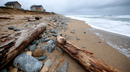 Driftwood and rocks on a sandy beach with cloudy skies.